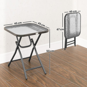 Table basse carrée bistro de jardin dim. 45 x 45 x 50 cm pliable métal époxy noir plateau verre trempé