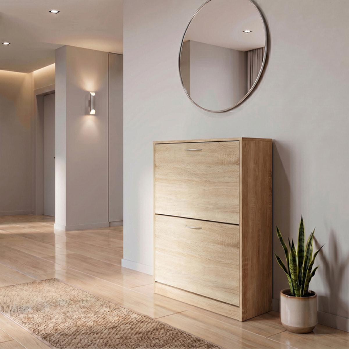 Scarpiera 2 ante salvaspazio in finitura rovere, mobile porta scarpe compatto fino a 12 paia, design moderno e funzionale, ideale per ingresso e corridoio, struttura resistente, facile da montare con istruzioni e accessori inclusi
