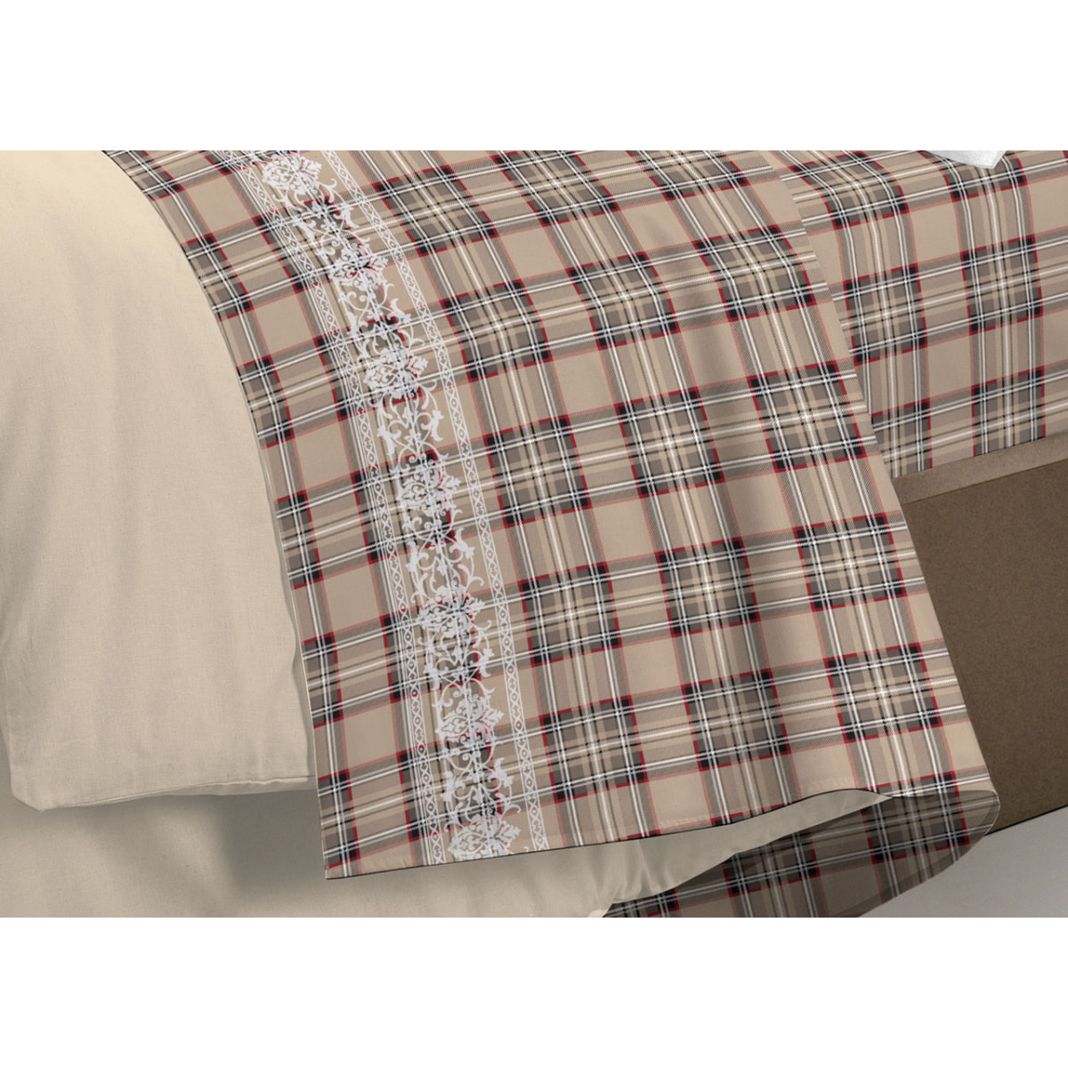 Completo Lenzuola 100% Cotone Cervo Tartan Beige