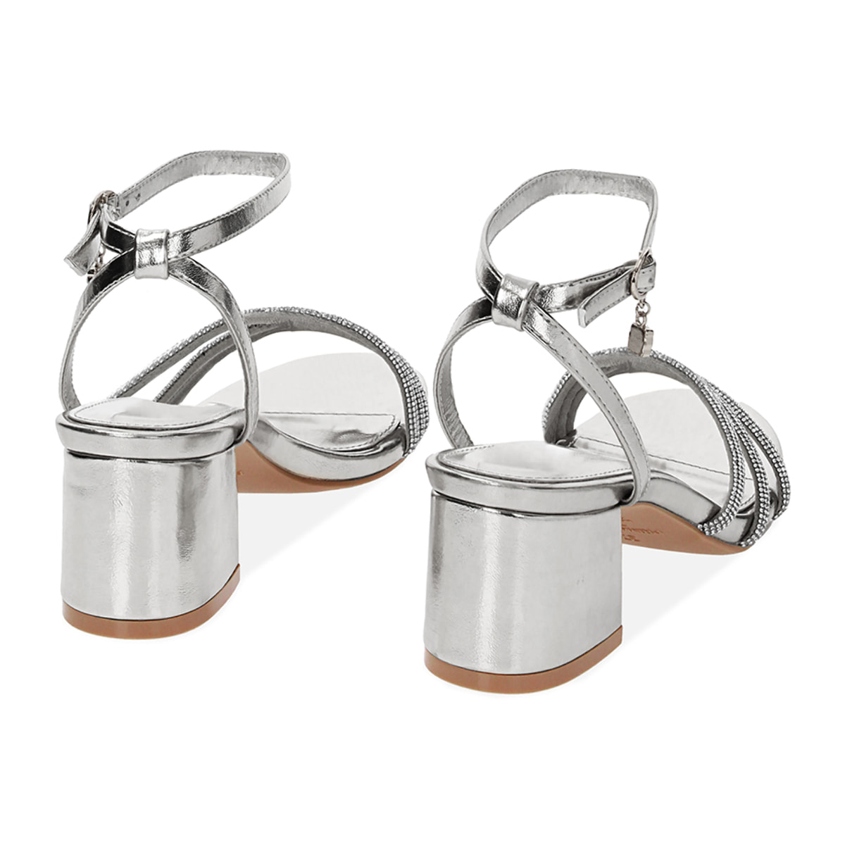Sandali argento in laminato con pietre, tacco 5,5 cm