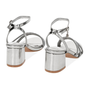 Sandali argento in laminato con pietre, tacco 5,5 cm