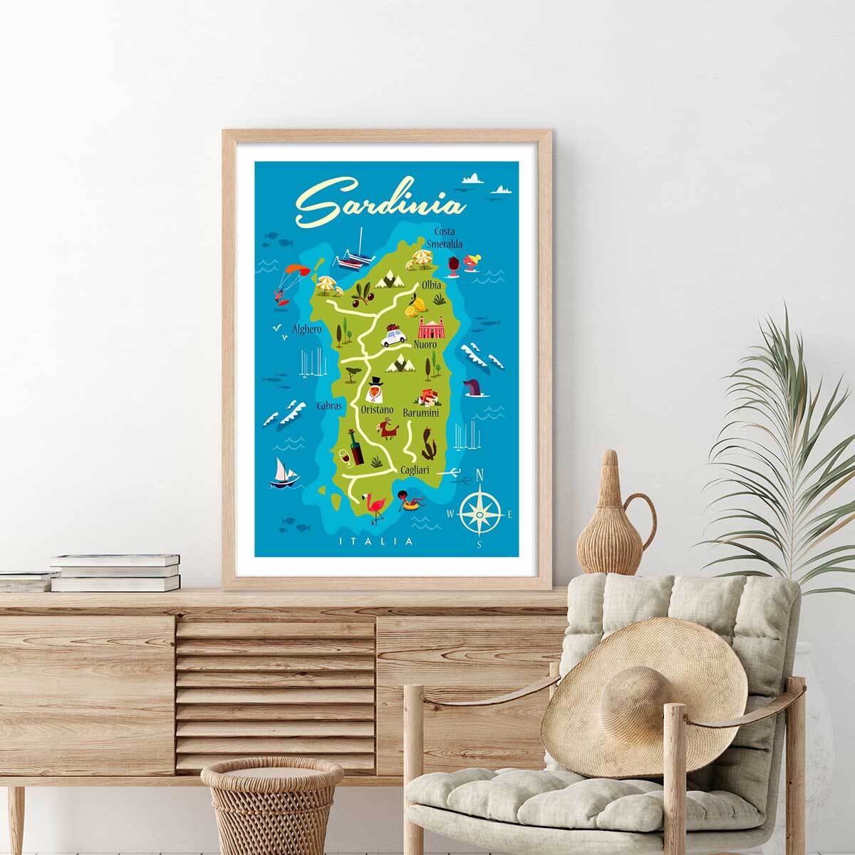 Poster de tourisme en sardaigne Affiche + cadre en bois - Chêne