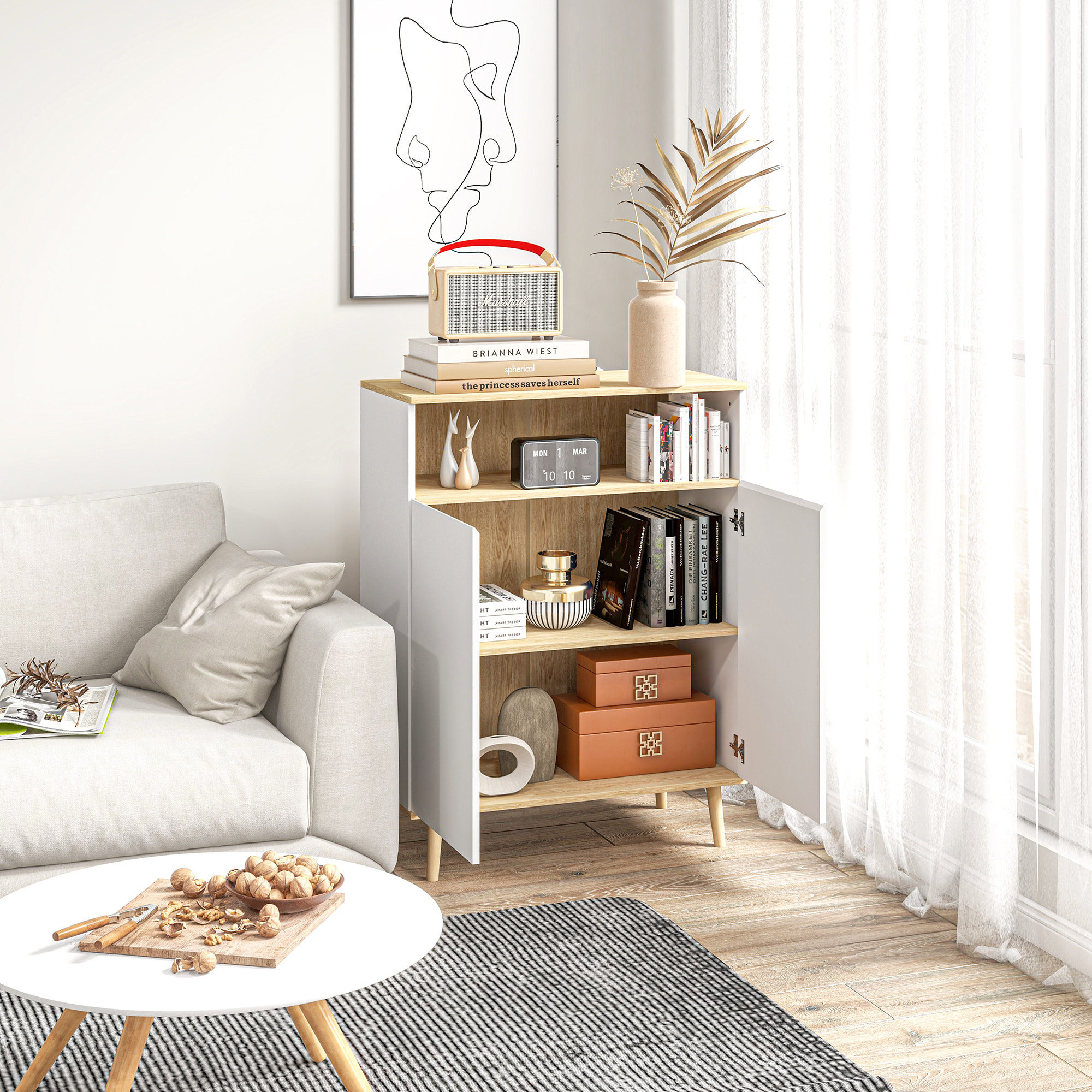 Buffet rangement design scandinave 2 portes étagère niche piètement bois pin panneaux blanc aspect chêne clair