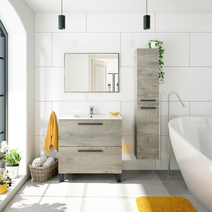 Mobile Bagno A Terra Con 2 Cassettoni Soft Close E Lavabo In Ceramica E Specchio Inclusi Con Foro Troppopieno 80 x 45 x 80 Cm Colore Rovere Alaska