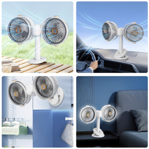 Ventilador modular F16. Con 2 ventiladores independientes, 5 velocidades por unidad y giro 360° vertical y horizontal. 3 niveles de iluminación y diseño versátil de sobremesa, pared, techo o uso portá