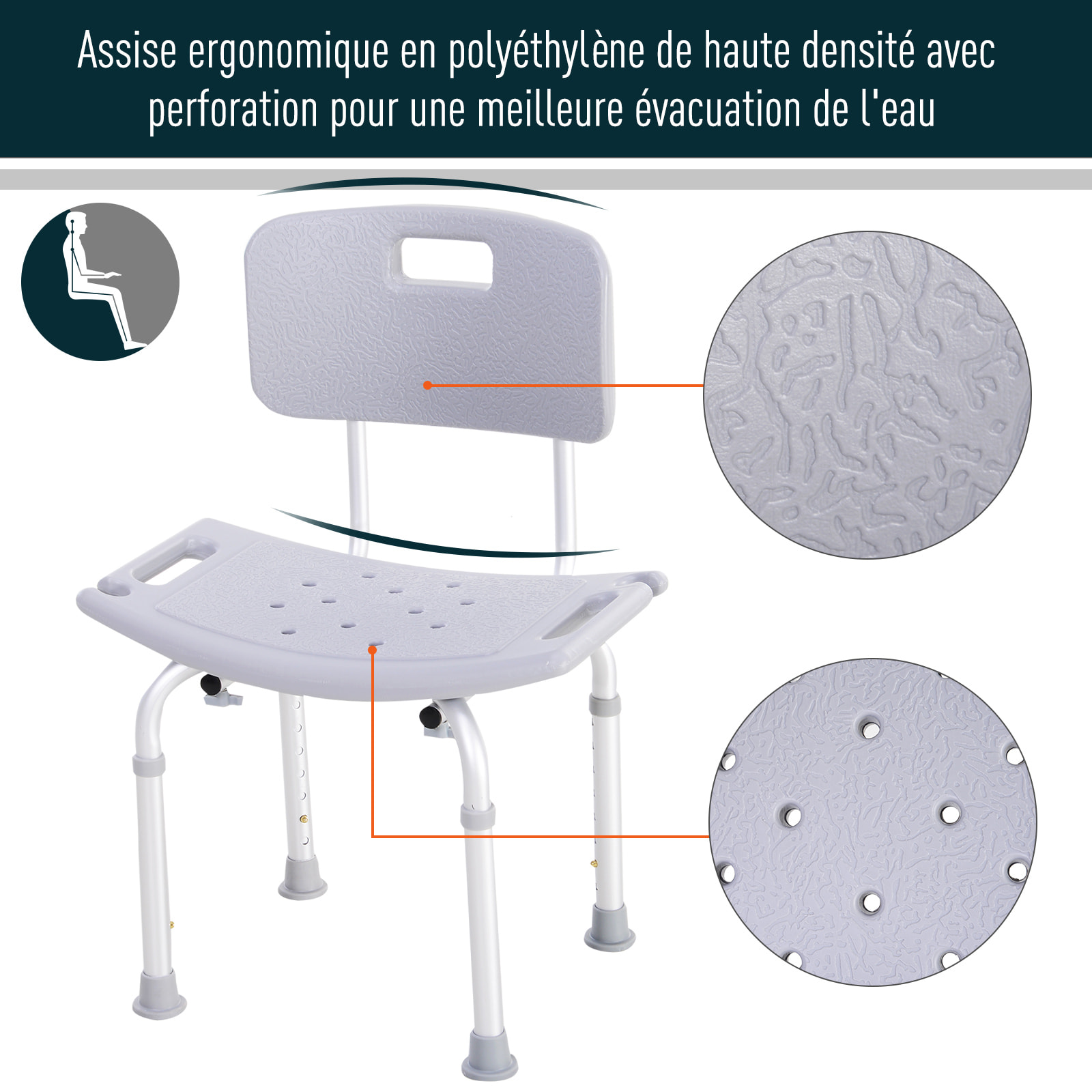 Chaise de douche siège de douche ergonomique hauteur réglable pieds antidérapants charge max. 136 Kg alu HDPE gris