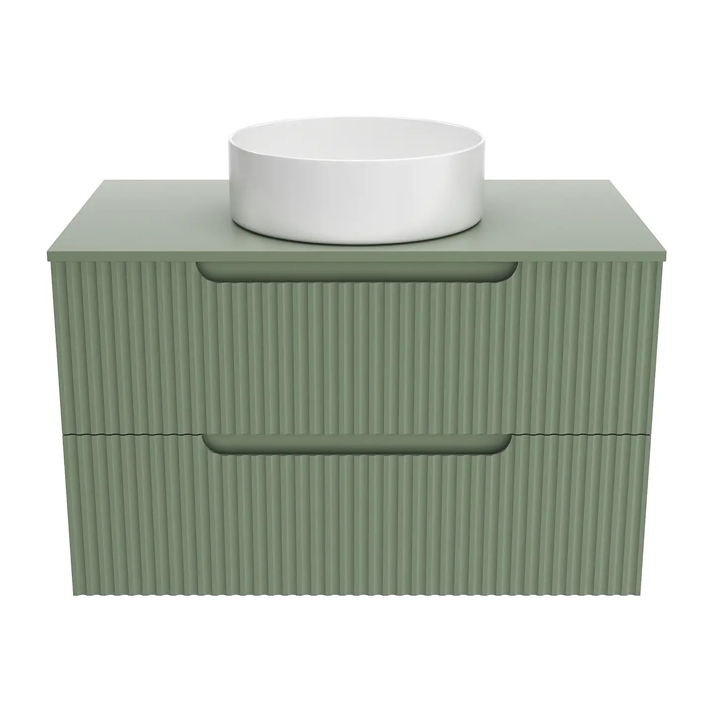 Meuble de Salle de Bains LEON 80cm Vert Olive - 2 Tiroirs en MDF Ondules - Vasque Ronde 36cm
