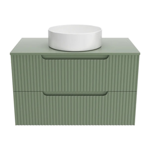 Meuble de Salle de Bains LEON 80cm Vert Olive - 2 Tiroirs en MDF Ondules - Vasque Ronde 36cm