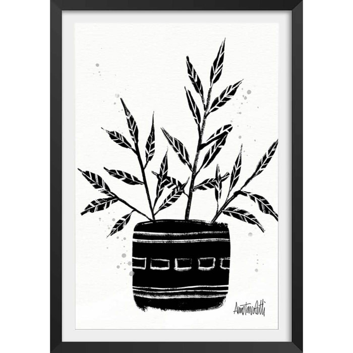 Illustration Botanique et Poterie terre cuite Affiche + cadre en bois - Noir