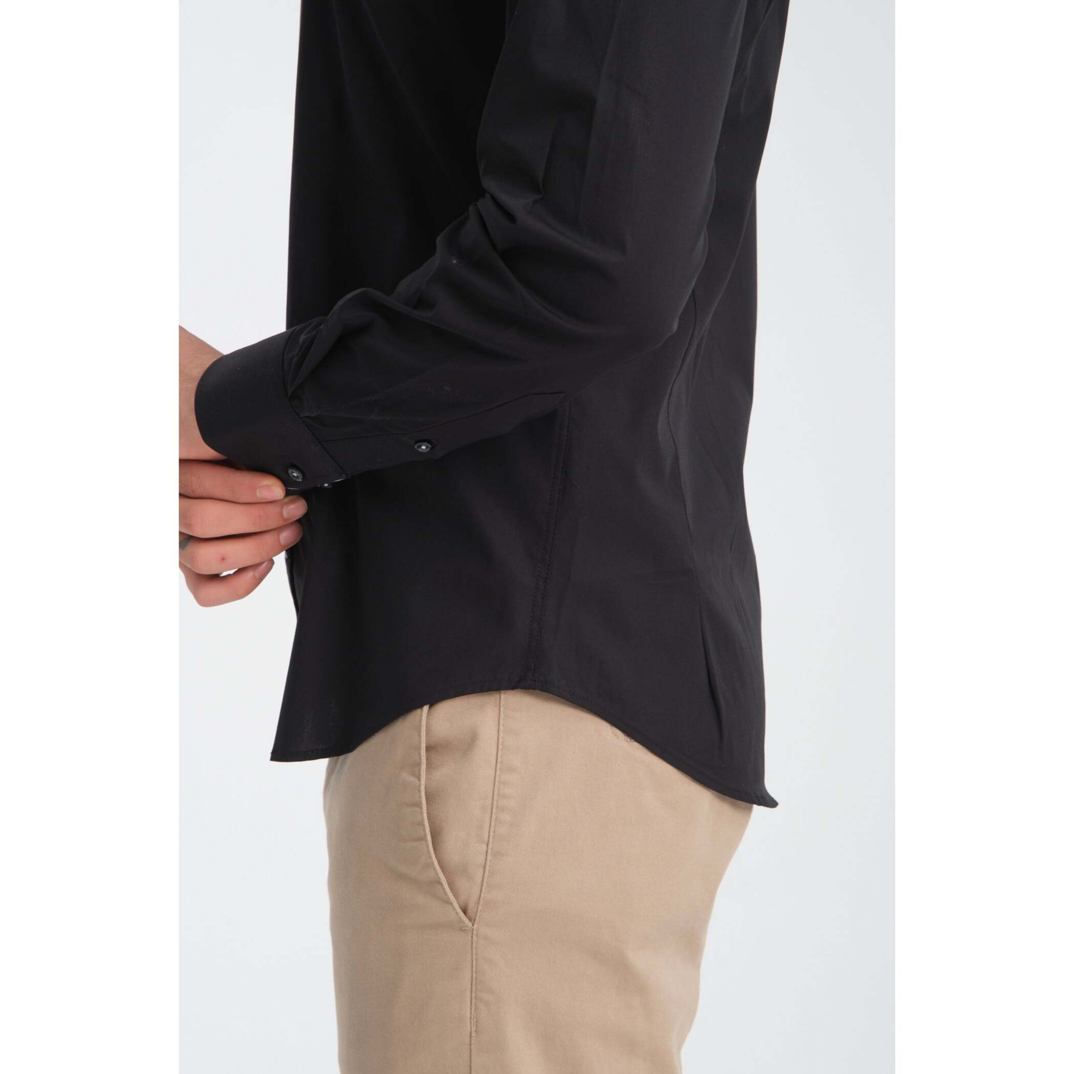 Camicia Uomo 1 Bottoni Button Down Slim Popeline Stretch Unito Nero