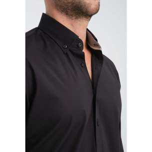 camicia uomo 1 bottone button down slim Popeline Stretch Unito Nero