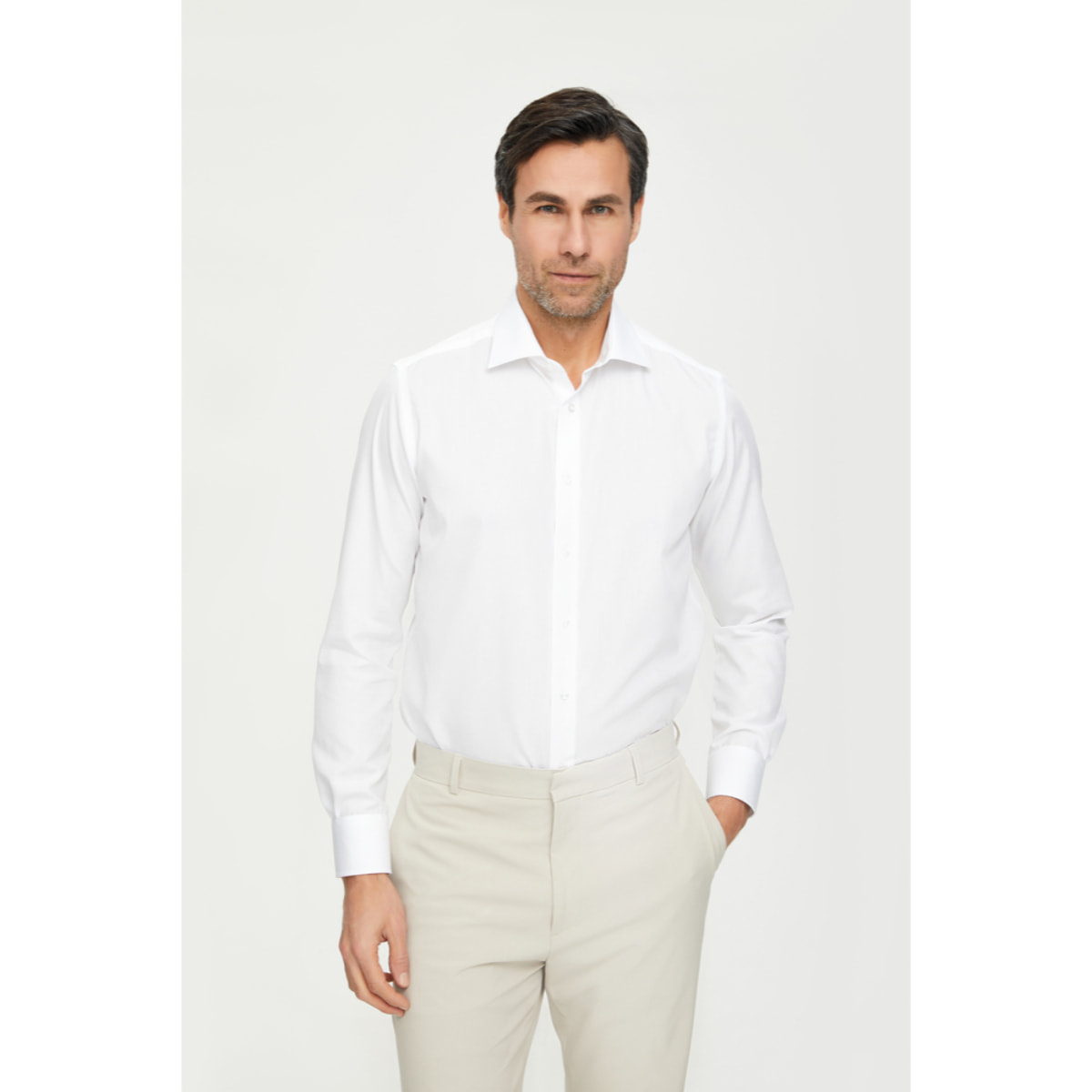 Camicia Uomo 1 Bottone Francese Slim Popeline No Iron Unito Bianco