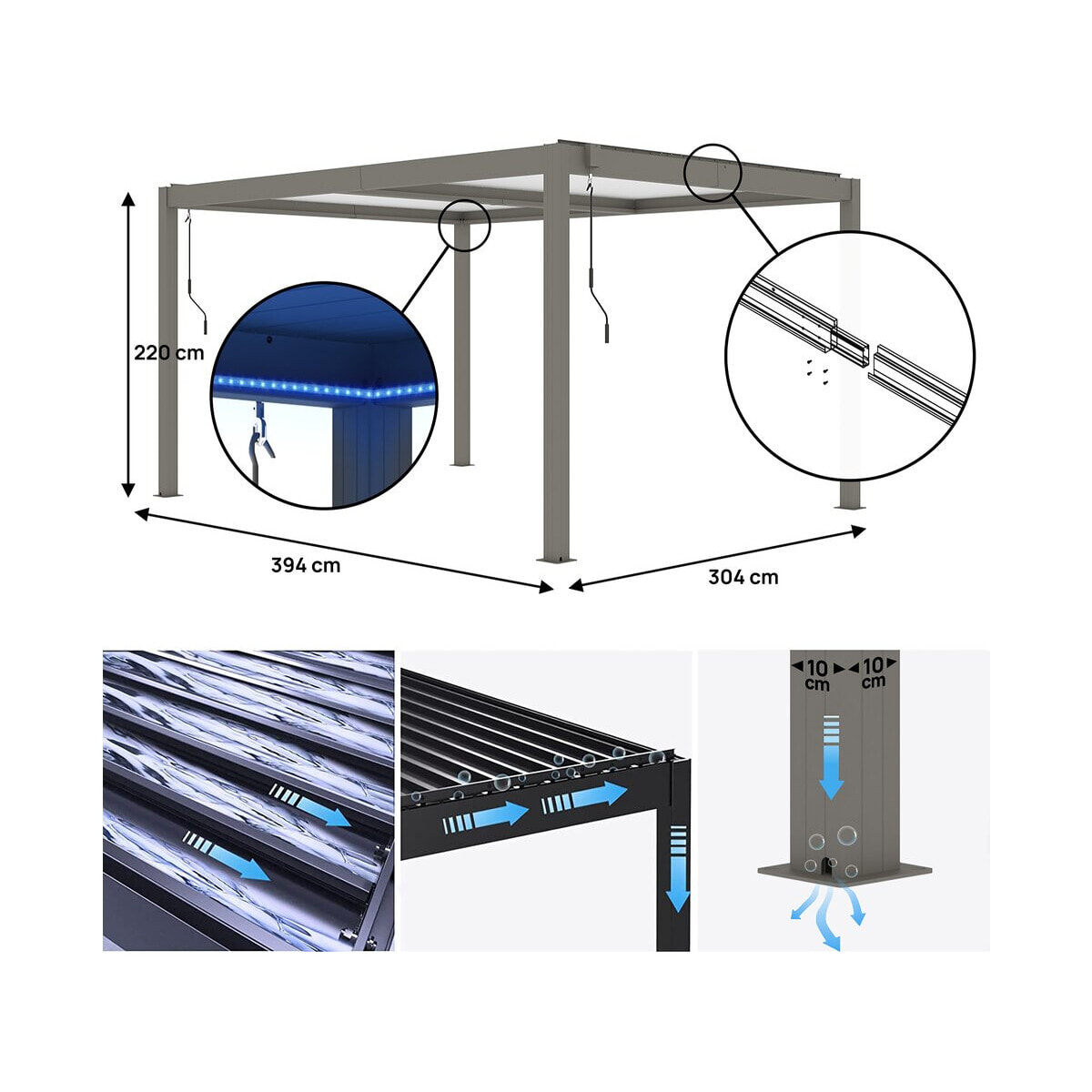 Pergola bioclimatique "Windsor" - 3 x 4 m - Taupe