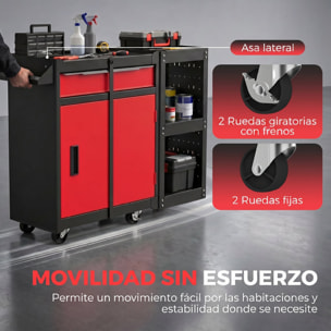 Carro de Herramientas con 5 Cajones 3 en 1, Caja de Taller Metálica con Soporte Lateral, Armario Inferior, Paneles Perforados, Cerradura, Asa, 2 Ruedas con Freno de Bloqueo, Negro y Rojo