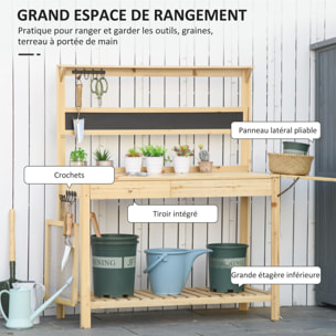 Table de rempotage jardinage - 2 étagères, tiroir, tablette rabattable, 8 crochets, évier, tamis, tableau noir - bois sapin