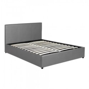 Lit coffre sommier relevable gris + Matelas Memoire de Forme | Modele Rome Simili Cuir | Grande capacite de stockage