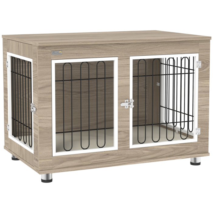 Cage pour chien sur pied - 2 portes verrouillables, coussin déhoussable inclus - acier filaire noir panneaux aspect bois brun