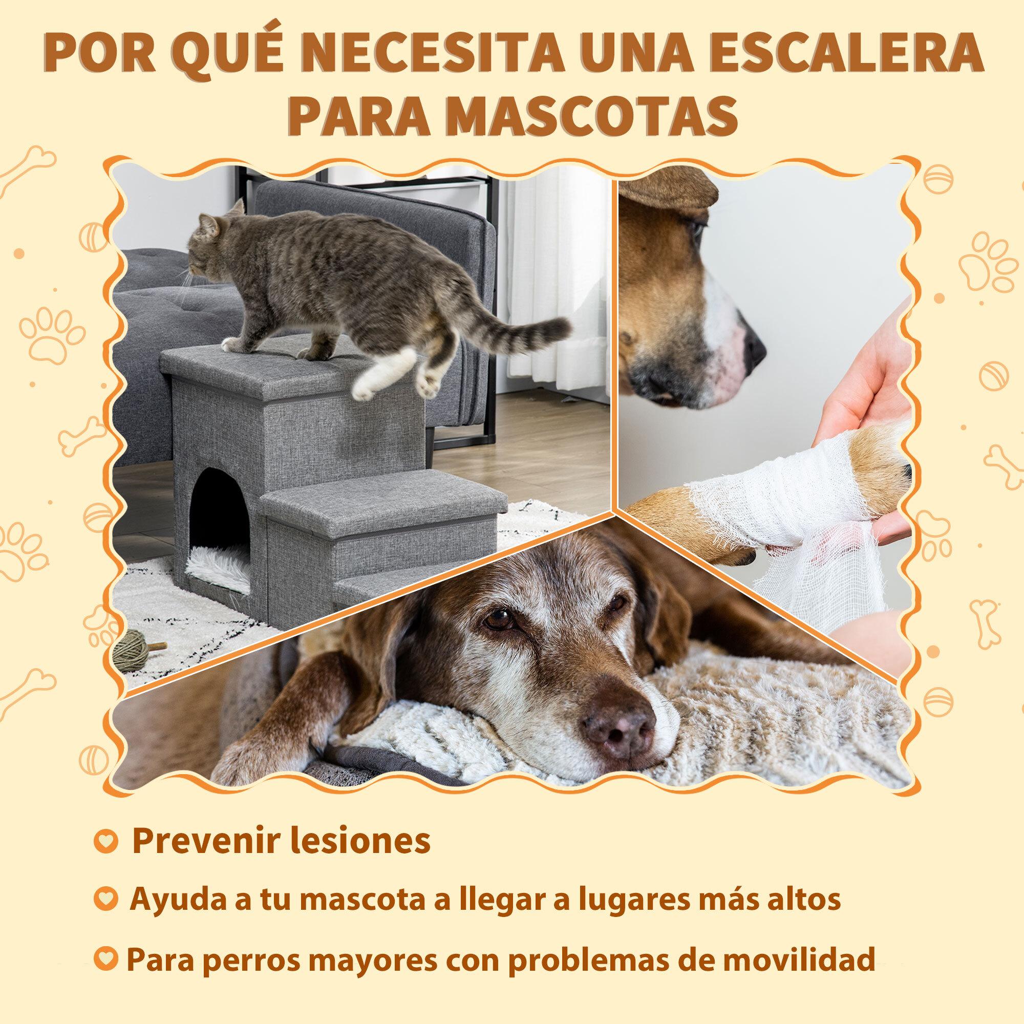 Escalera para Perros Escalera Rampa para Mascotas de 3 Peldaños con Tapas 3 Cajas de Almacenamiento Cueva y Cojín Lavable para Cama Sofá 73,5x33x40,5 cm Gris