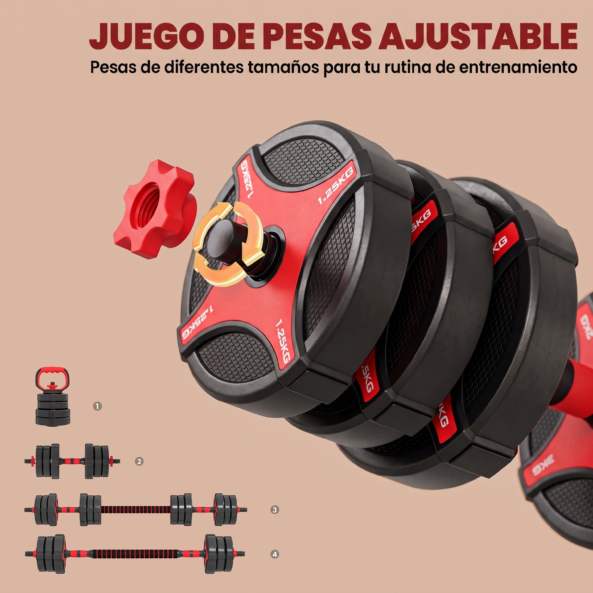 Juego de Mancuernas Ajustables 5 en 1 20kg, Juego de Pesas como Kettlebell, Barra, Mancuernas o Soporte para Flexiones, Equipo de Fitness para Hombres y Mujeres, Casa Gimnasio, Negro y Rojo