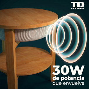 Mesa auxiliar altavoz portátil con sonido de 30W, Bluetooth, base de carga inalámbrica, batería de 2200mAh. Mesilla o mesita para dormitorio o sala de estar - TD Systems SM30B11WC8B [Madera cerezo]