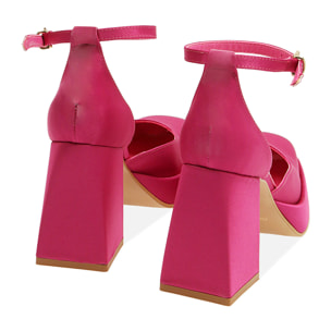 Zapato de tacón de plataforma fucsia en raso, tacón 9 cm