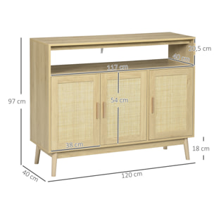 Aparador de Cocina de Estilo Boho Mueble Buffet Auxiliar con 3 Puertas de Ratán Estantes Ajustables y Patas de Madera para Salón Comedor 120x40x97 cm Natural