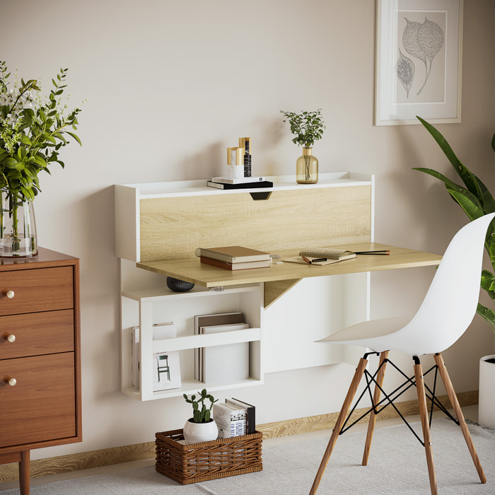 Bureau pliable mural avec étagères de rangement et placard, bureau rabattable, effet bois naturel