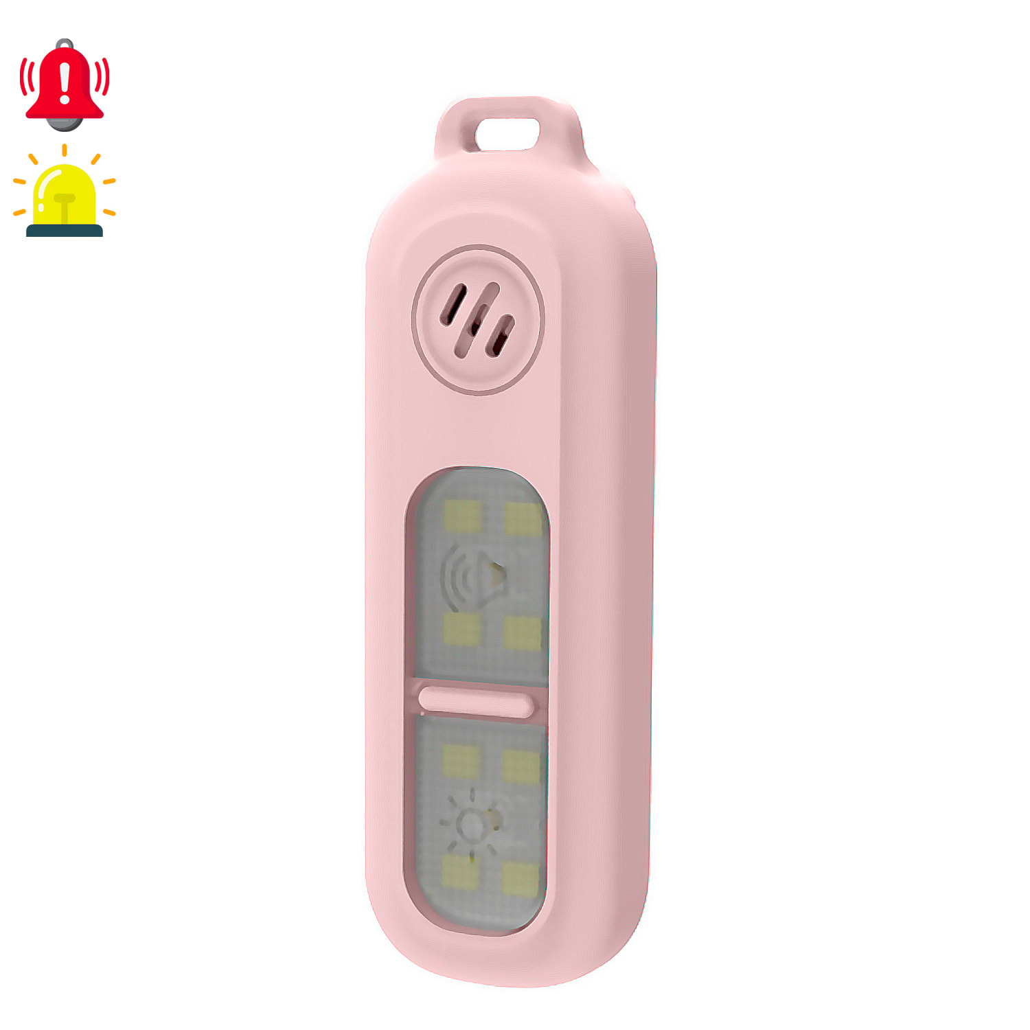 Alarma SOS personal con luz LED brillante blanca, roja y azul, sonido de 130dB. Batería recargable y activación rápida por pulsación.