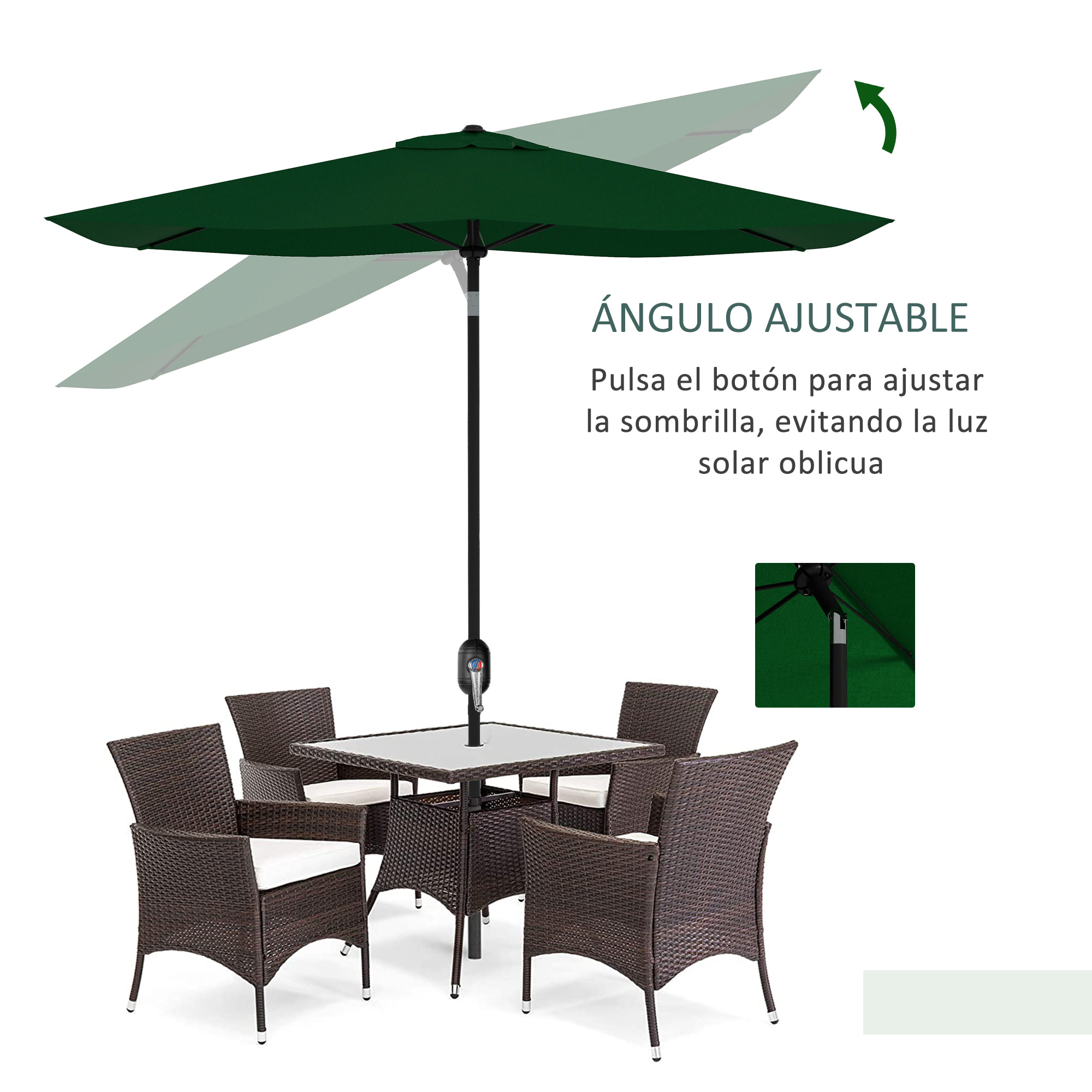 Sombrilla de Terraza Exterior 3x2 m Parasol de Terraza Exterior con Ángulo Ajustable Mástil de Aluminio y Protección UV 50+ Sombrilla para Jardín Patio Verde