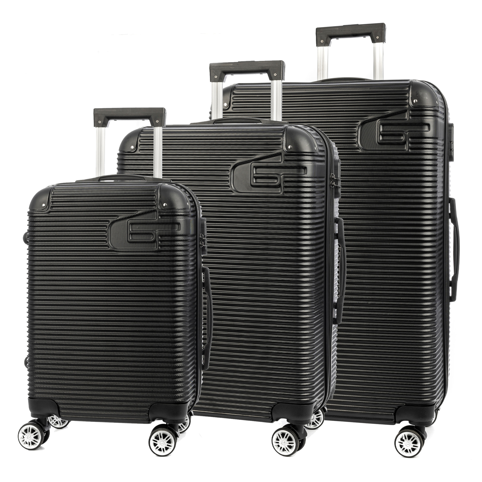 Set di 3 valigie Trolley, realizzato in materiale leggero ABS ad alta resistenza con angoli rinforzati. Chiusura numerica e 4 ruote doppie girevoli a 360°.