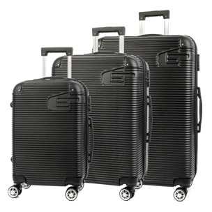 Set di 3 valigie Trolley, realizzato in materiale leggero ABS ad alta resistenza con angoli rinforzati. Chiusura numerica e 4 ruote doppie girevoli a 360°.
