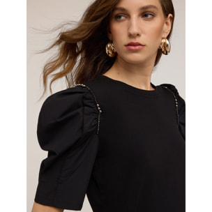 Motivi - Camiseta con mangas abombadas y piedras - Negro