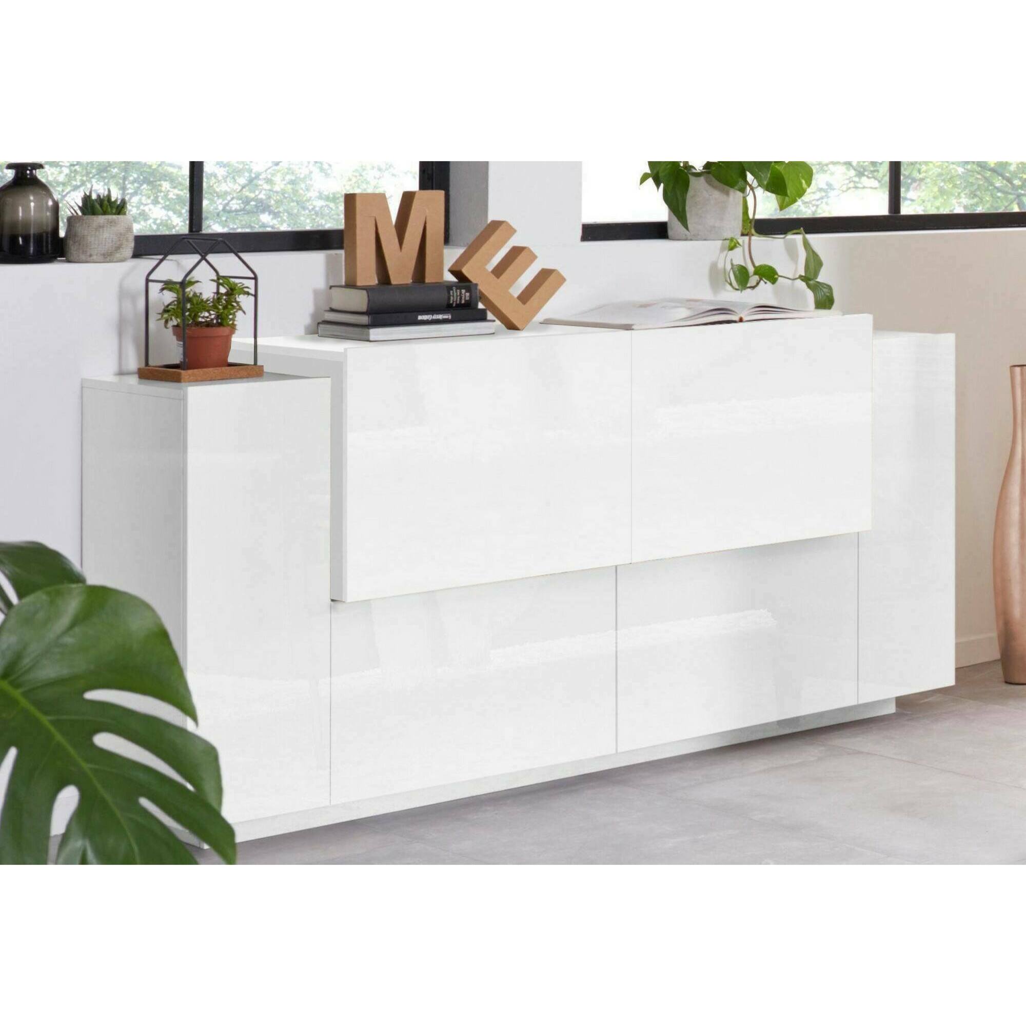 Credenza Omero, Madia da cucina a 2 ante e 2 cassetti, Buffet da soggiorno, 100% Made in Italy, cm 160x45h86, Bianco lucido