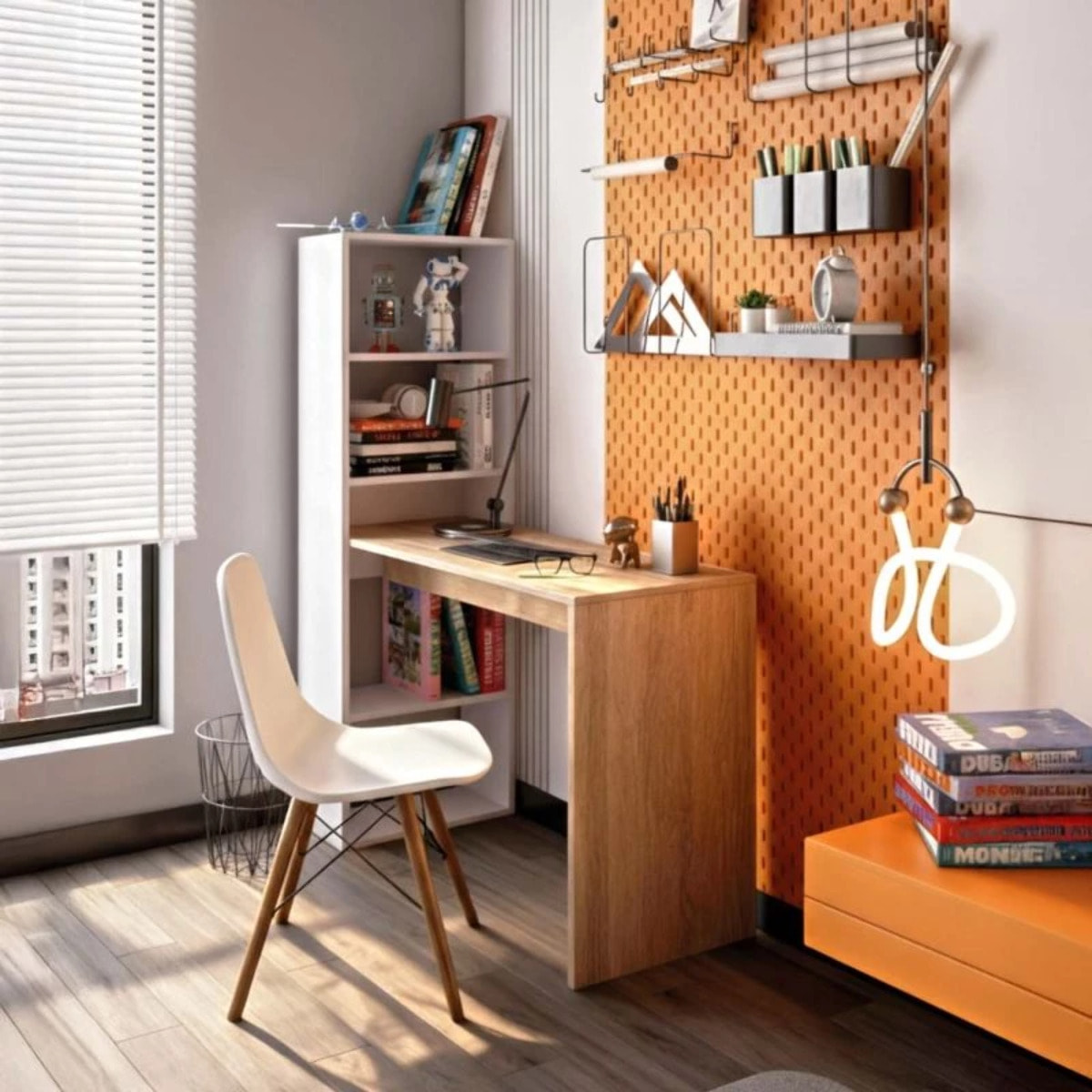 Mesa de escritorio con estantería Cosmic en blanco artik roble canadian 120 x 144 cm Blanco Artik (Blanco Mate) - Roble Canadian