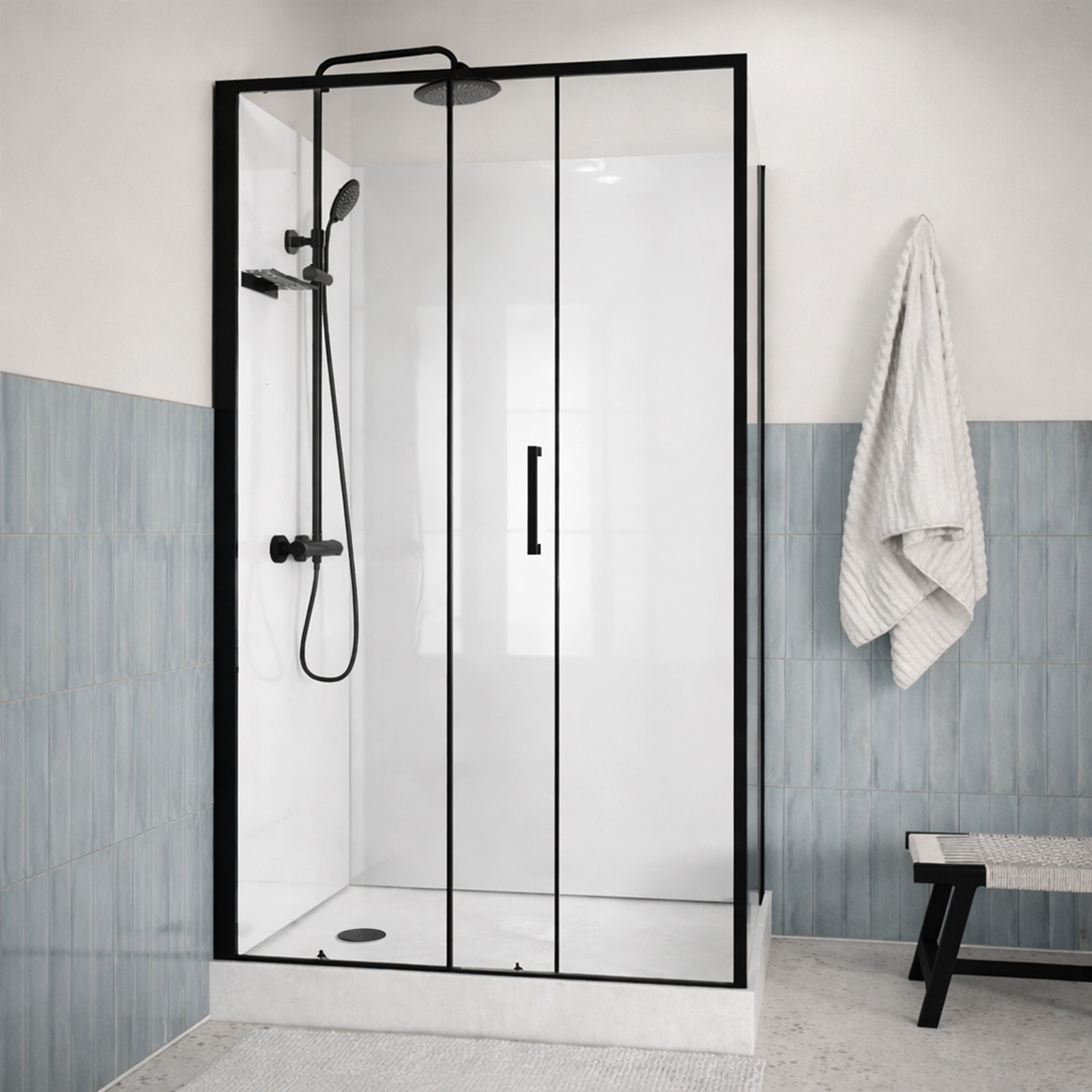Cabine de Douche Rectangle 115x90 - Colonne Thermostatique Noire et Receveur Haut Effet Pierre