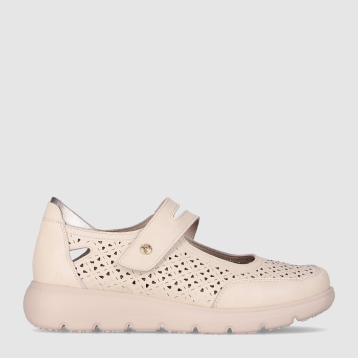 Zapatos de Piel - Beig - Tacón: Bajo