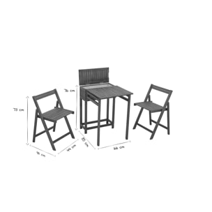 Set de 2 chaises pliantes et 1 table de balcon rabattable avec rangement en bois massif PRADO