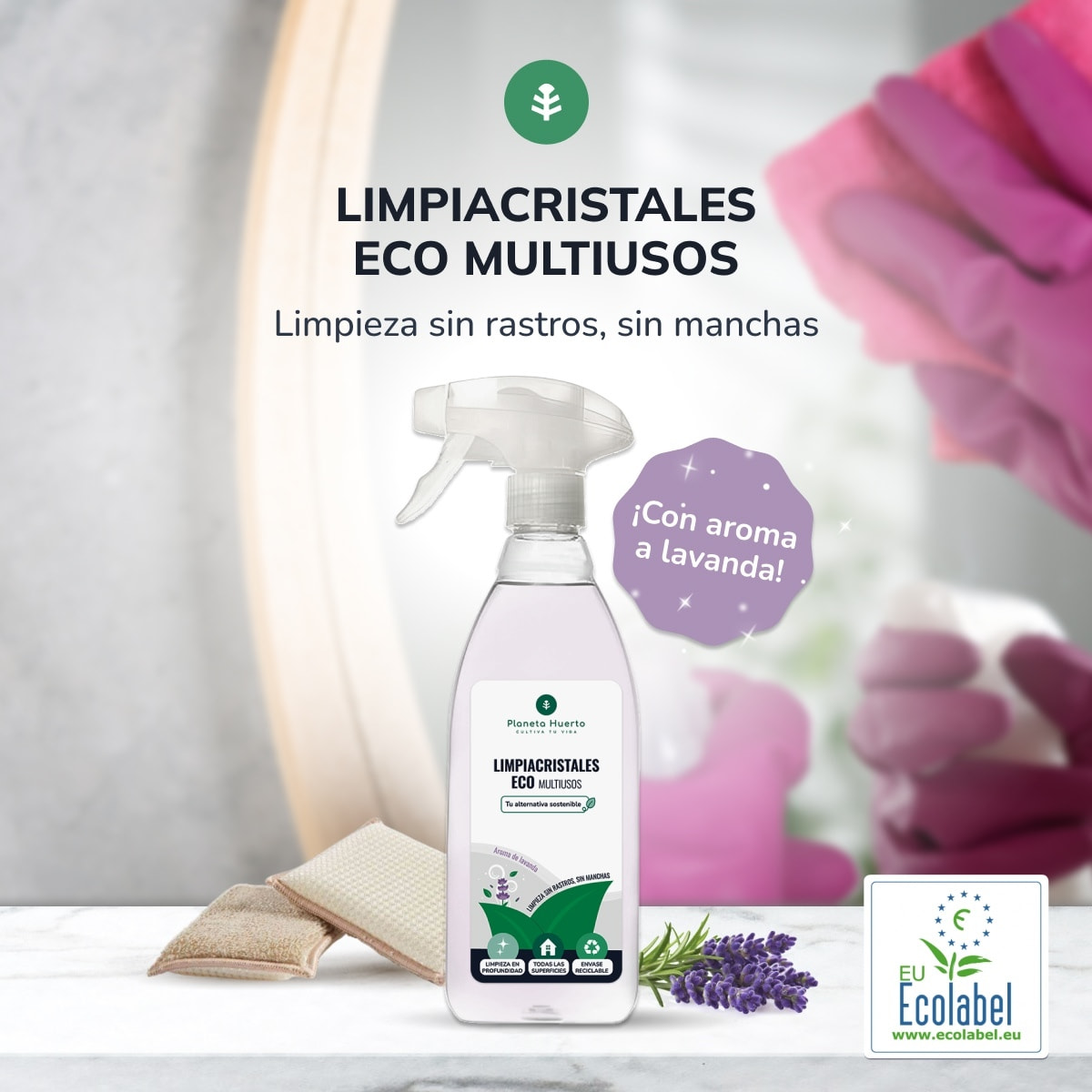 PLANETA HUERTO | Limpiacristales y Multiusos Ecológico de 750ml con Fórmula de Alta Biodegradabilidad para la Limpieza Eficaz de Cristales y Espejos