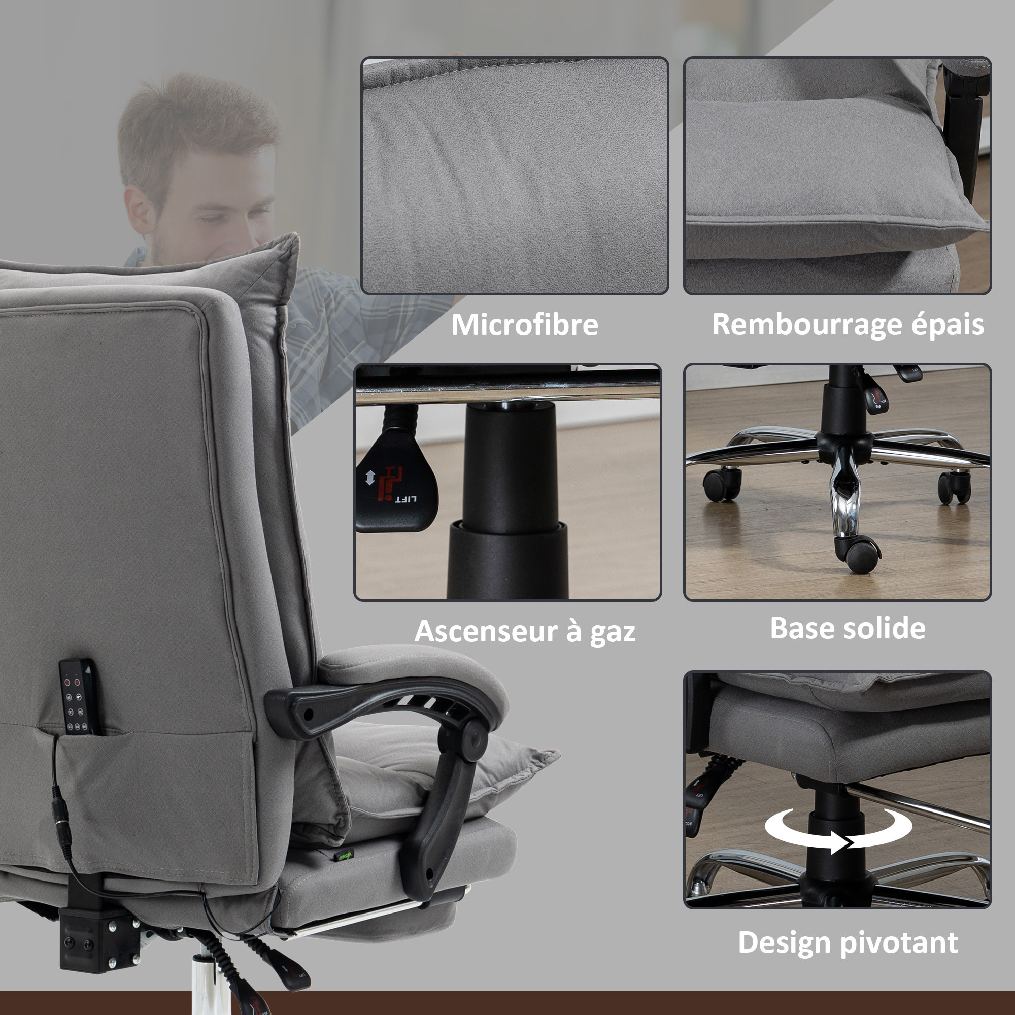 Fauteuil de bureau massant chauffant inclinable réglable repose-pieds rétractable microfibre gris