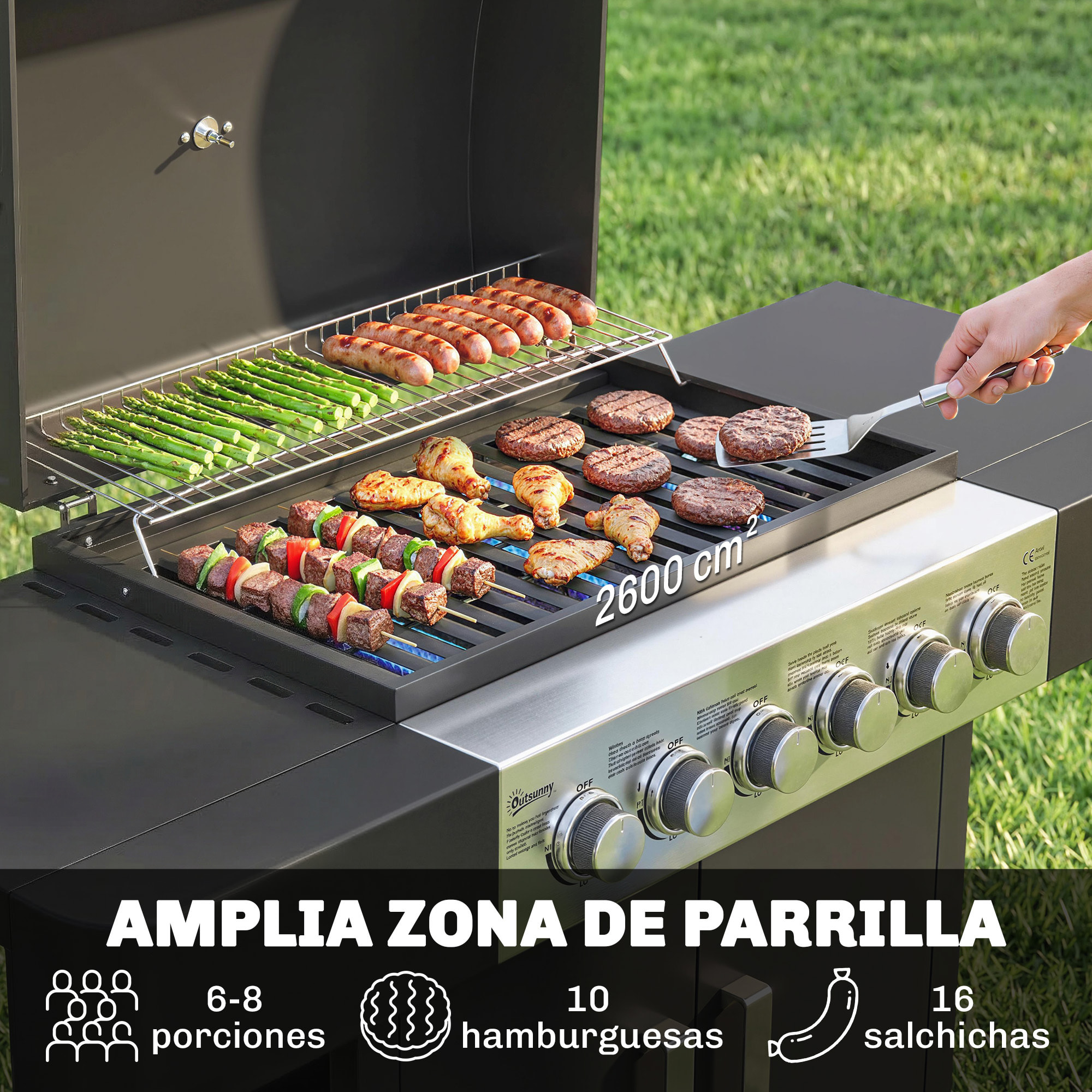 Barbacoa de Gas BBQ Gas con 6 Quemadores 15 kW Barbacoa Portátil con Termómetro Tapa 2 Mesas Laterales Armario Rejilla Calentadora Parrilla Recogedor Grasa Asa 2 Ruedas Negro