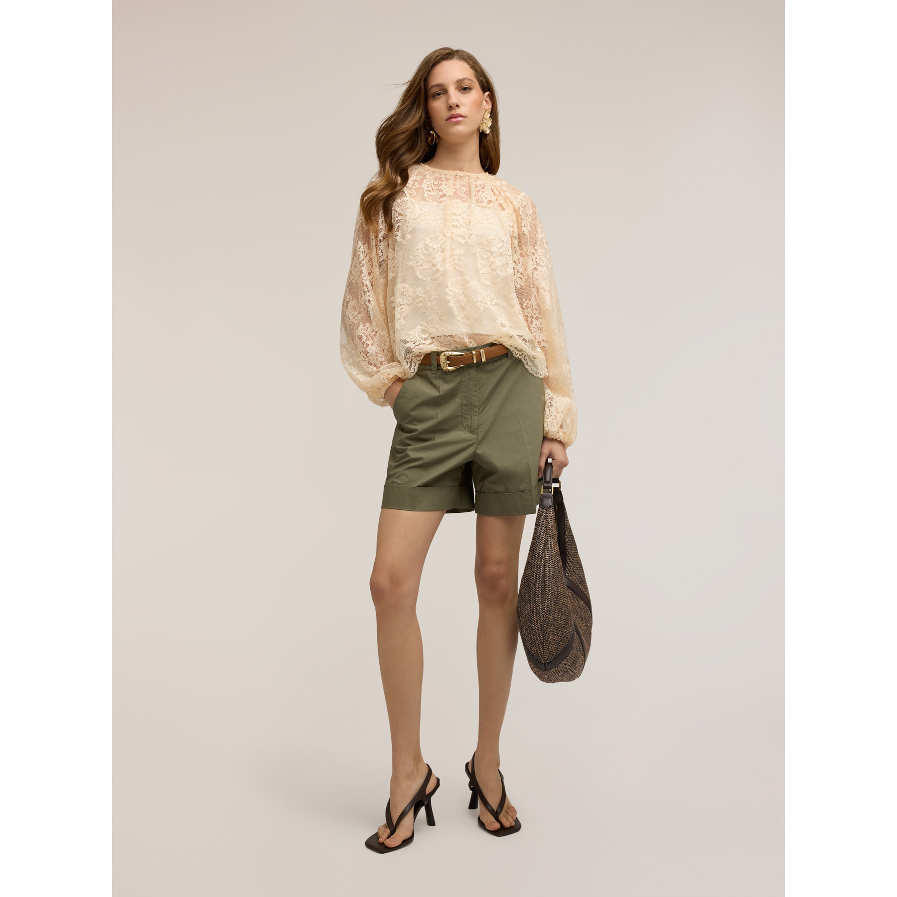 Motivi - Shorts a vita alta in cotone - Verde militare