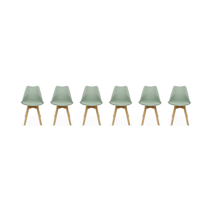 Lot de 6 chaises scandinaves. pieds bois de hêtre. chaises 1 place. vert céladon