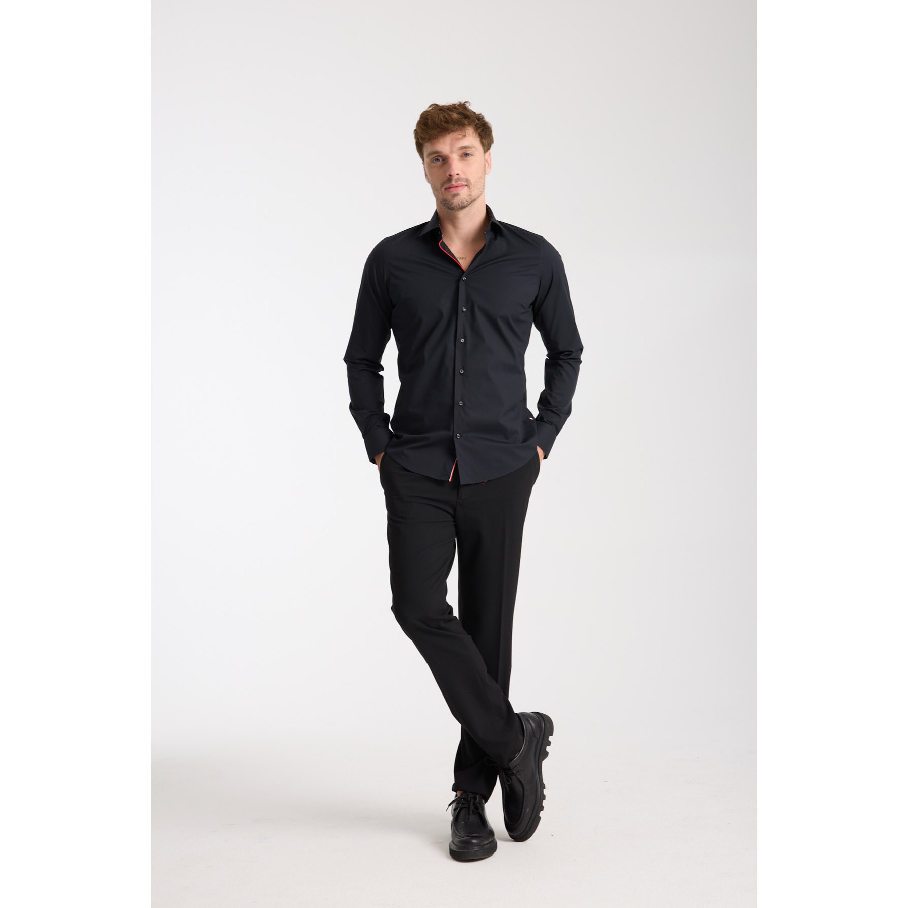 Camicia Uomo 1 Bottone Francese Slim Popeline Stretch Unito Nero