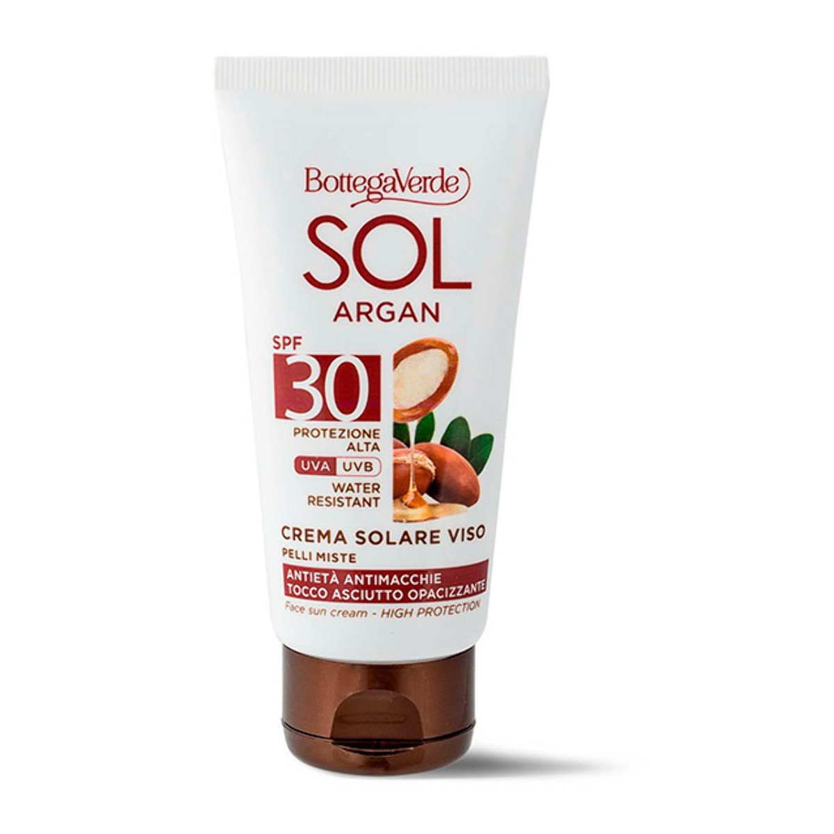 SOL Argan - Crema solare viso - antietà antimacchie '' tocco asciutto opacizzante - con olio di Argan e Vitamina E - SPF30 protezione alta - water resistant - pelli miste