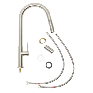 Mitigeur monocommande avec douchette extractible et bras pivotant, 2 jets, Aspect acier inox