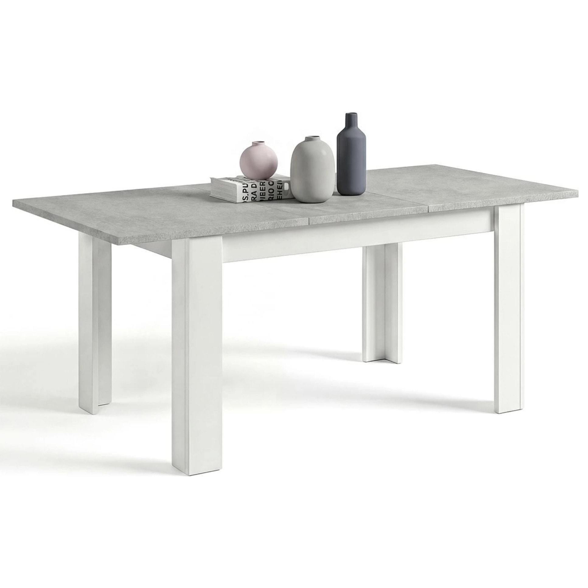 Mesa de comedor extensible en blanco artik y gris cemento 140-190x90 cm Sira Blanco Artik (Blanco Mate) - Gris Cemento