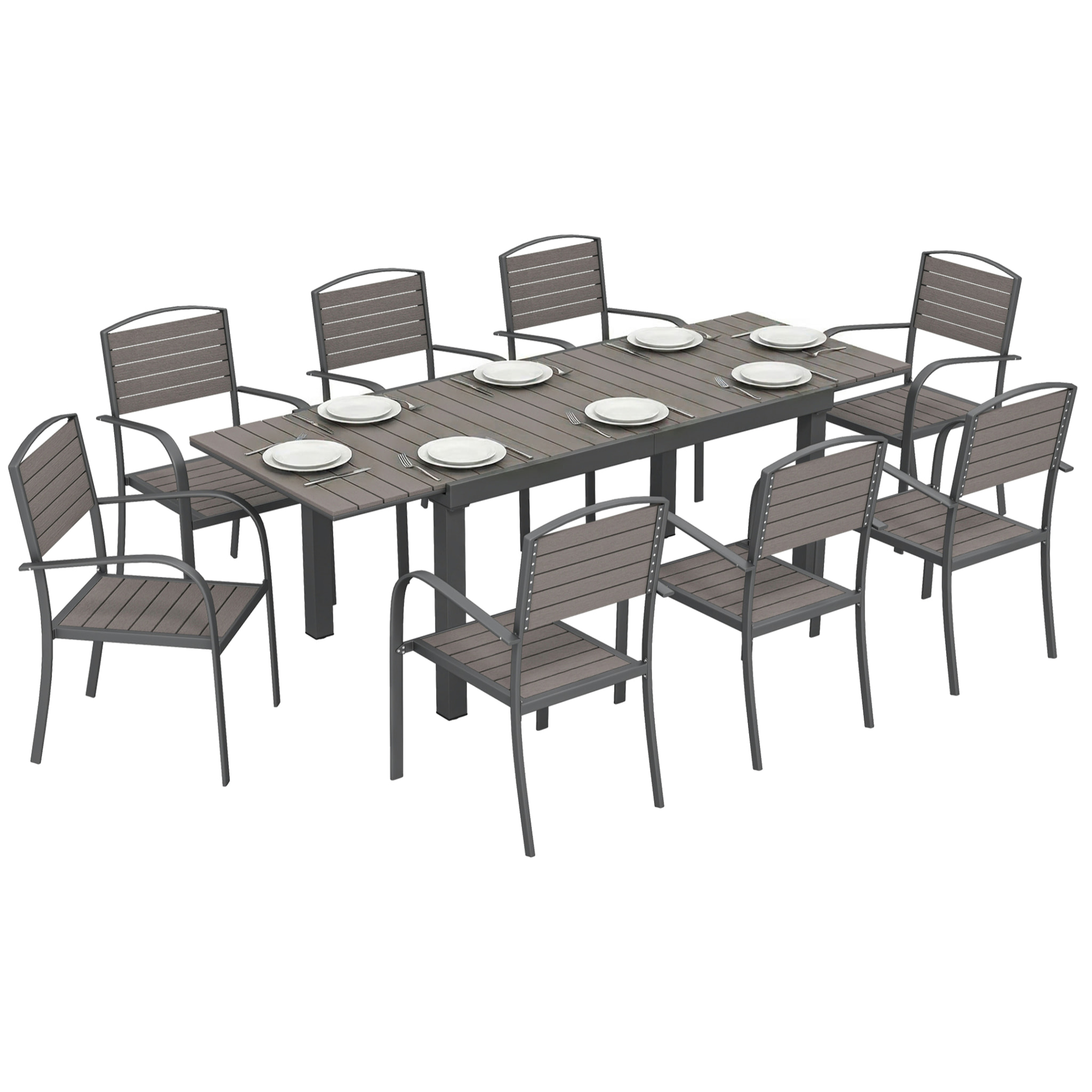 Outsunny Conjunto de Mesa y Sillas Jardín de 9 Piezas, Muebles Jardín Exterior con Mesa Extensible 150 a 225 cm, Estructura de Aluminio, 8 Sillas Apilables, Tablero de Lamas de Madera Plástica, Gris