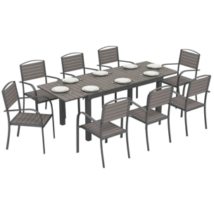 Outsunny Conjunto de Mesa y Sillas Jardín de 9 Piezas, Muebles Jardín Exterior con Mesa Extensible 150 a 225 cm, Estructura de Aluminio, 8 Sillas Apilables, Tablero de Lamas de Madera Plástica, Gris