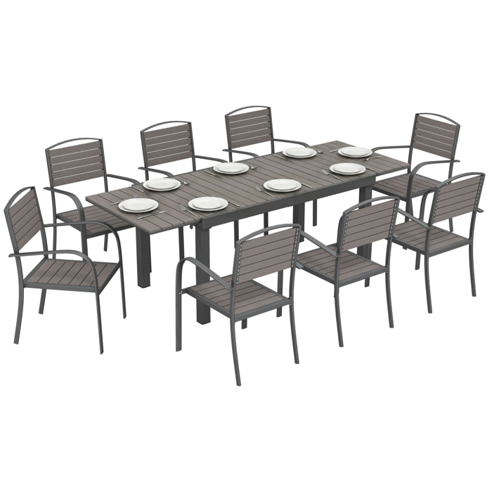 Outsunny Conjunto de Mesa y Sillas Jardín de 9 Piezas, Muebles Jardín Exterior con Mesa Extensible 150 a 225 cm, Estructura de Aluminio, 8 Sillas Apilables, Tablero de Lamas de Madera Plástica, Gris