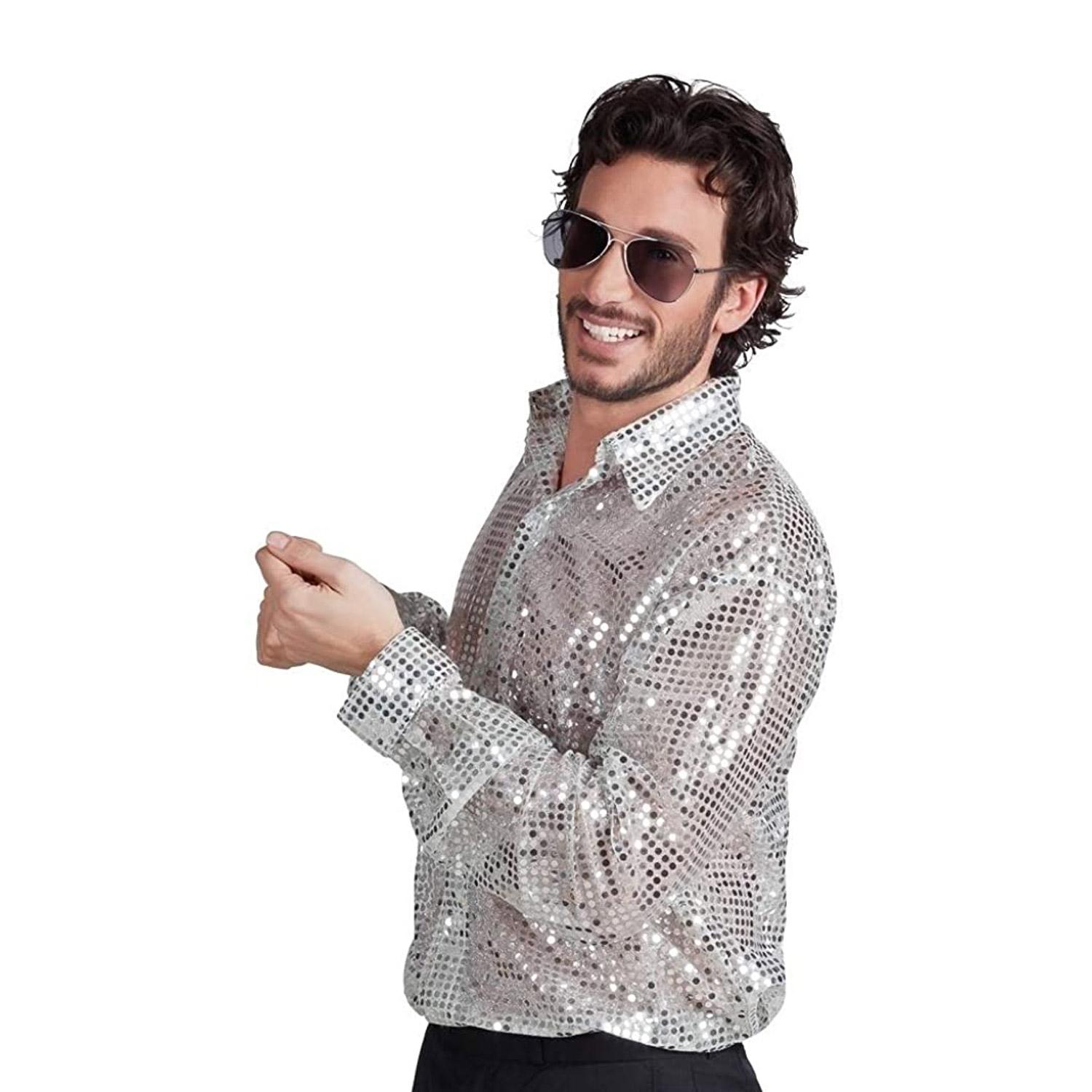 Camicia Disco Spangles Paillettes Argento Uomo